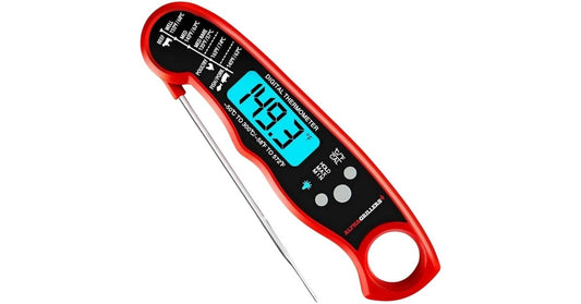Alpha Grillers digital meat thermometer with red handle, and foldable stainless steel probe