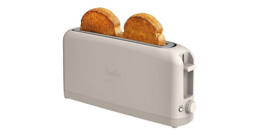 Bella slim long-slot toaster in white with two slices of toasted bread