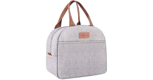 Grey insulated lunch tote bag with brown handles and front pocket for food storage