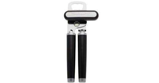 KitchenAid black handheld can opener with stainless steel cutting blade and ergonomic handles