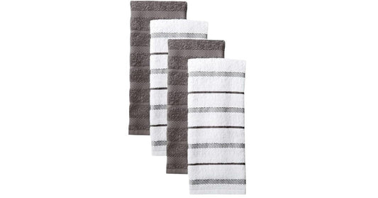 KitchenAid Albany striped kitchen towel set in charcoal grey and white, 16x26 inches