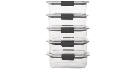 Stacked Rubbermaid Brilliance clear food storage containers with black airtight lids for kitchen organization