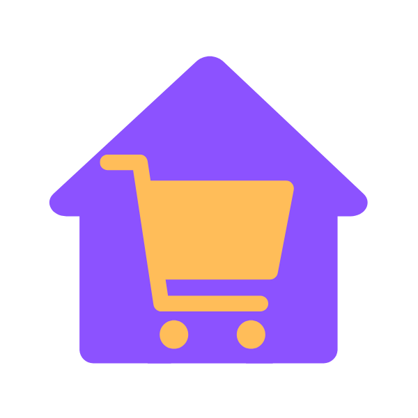Purple house icon with a yellow shopping cart inside on a white background